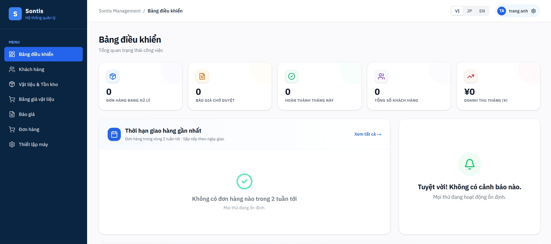 Màn hình Dashboard thực tế của Sontis